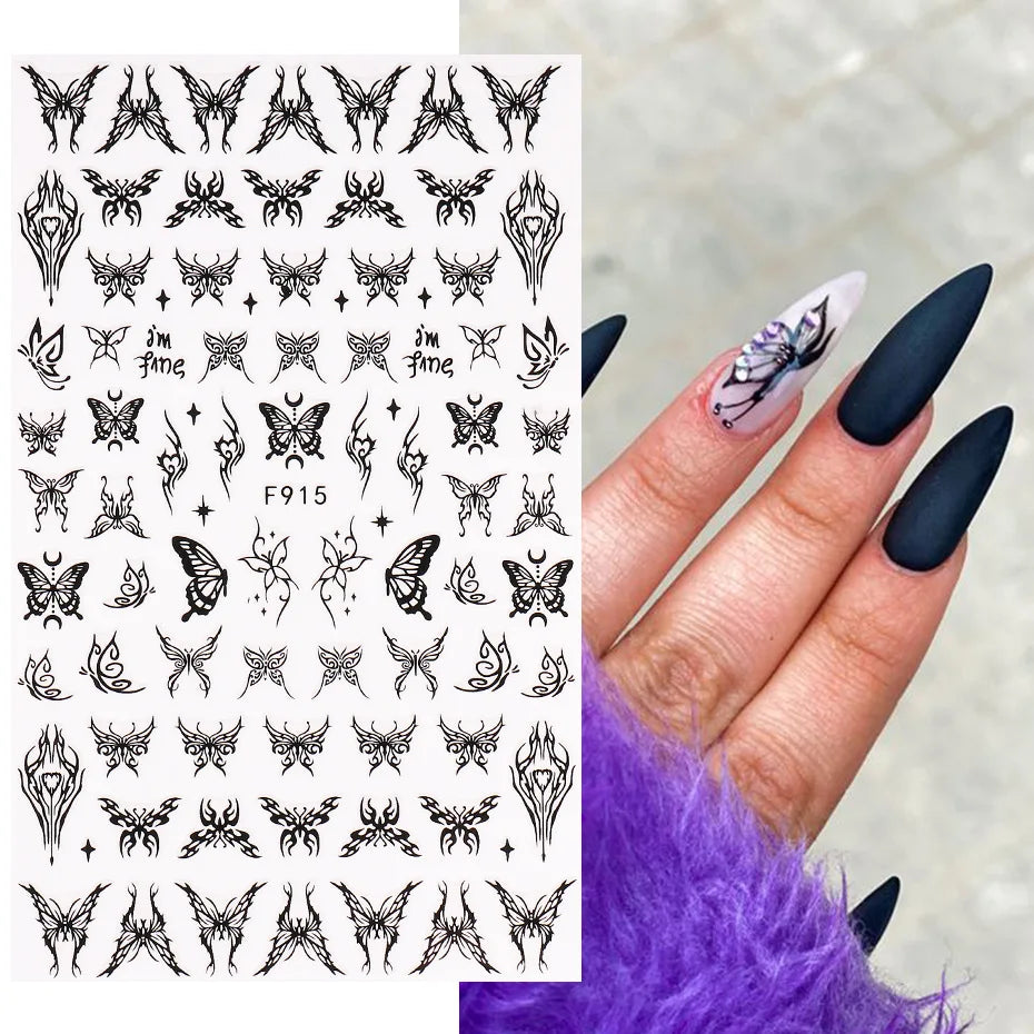 Black and White Love Flowers Line Art 3D Stickers Nail Decals Nail Art Accessories Butterfly Rose Nail Stickers Nail Sliders