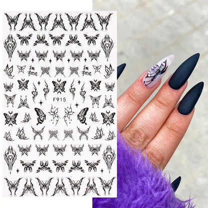 Black and White Love Flowers Line Art 3D Stickers Nail Decals Nail Art Accessories Butterfly Rose Nail Stickers Nail Sliders