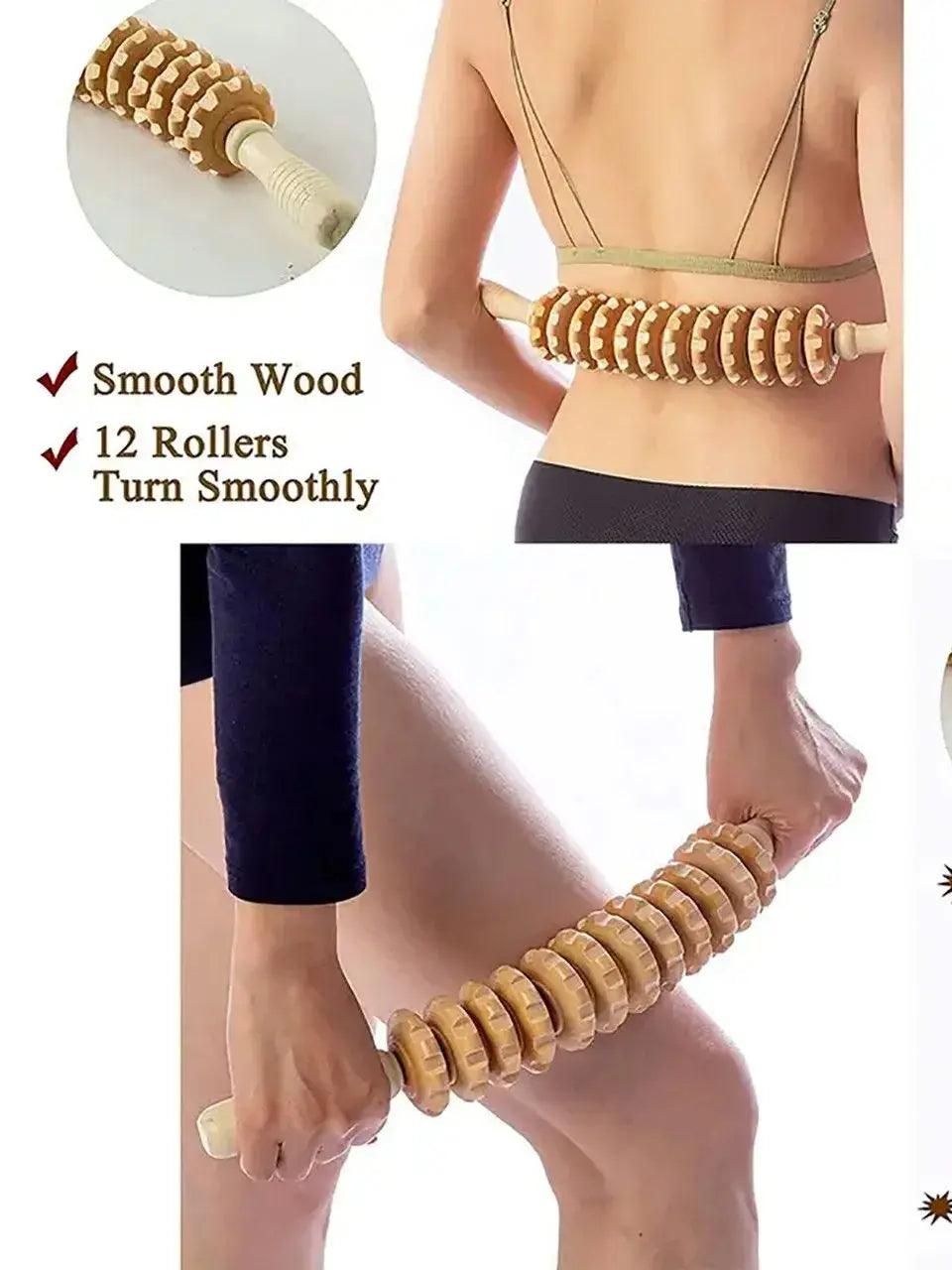 Full Body Massager Fascia Massage Tool Anti-slip Ratcheted Wooden Handle for Arms Legs Hips Soft Rolling Massage