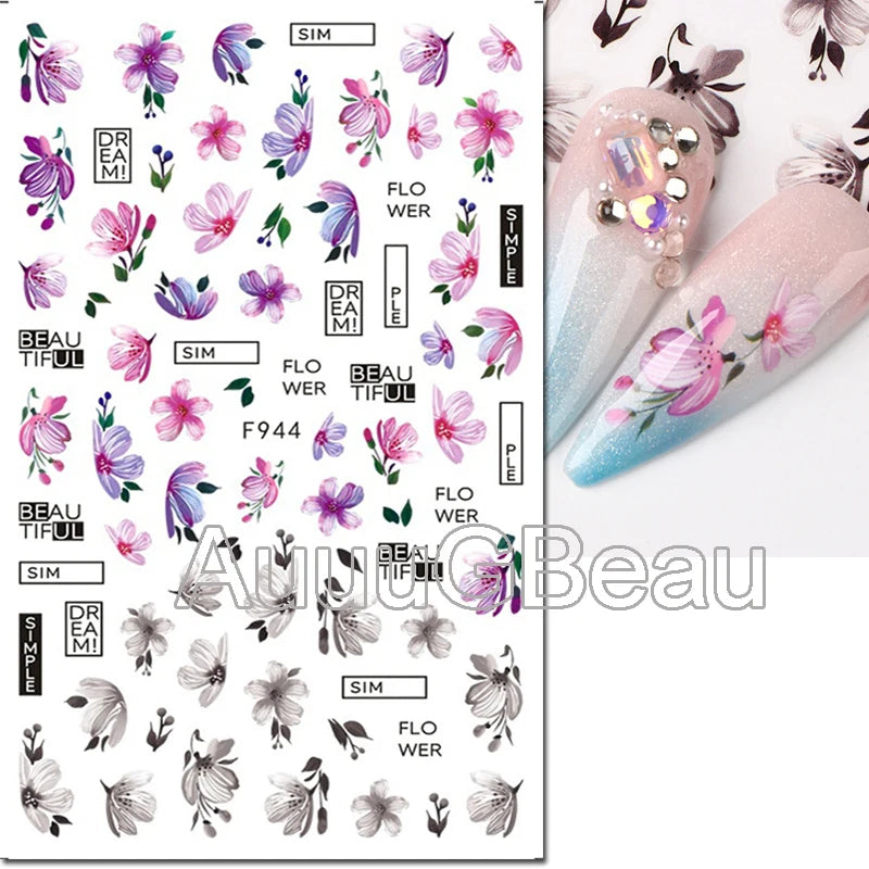 3d Nails Art Decals Spring Fruits Pink Full Tips Peony Magnolia Flowers Adhesive Sliders Stickers Decoration For Nails Manicure