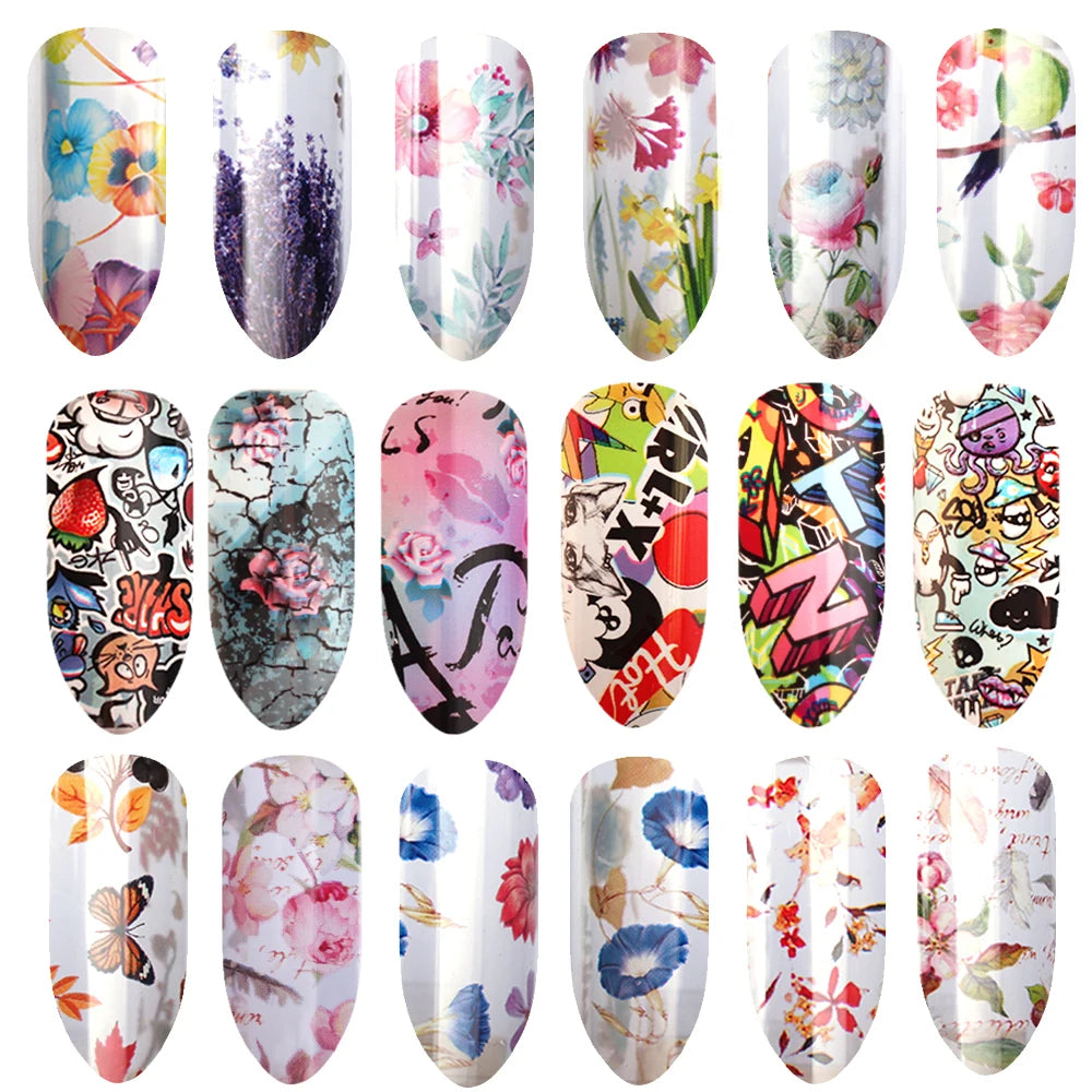 16Pc Holographic Nail Foil Set Starry Transfer 20*4cm Sticker Laser Flowers Leopard Mix Design Decal DIY Nail Art Decoration