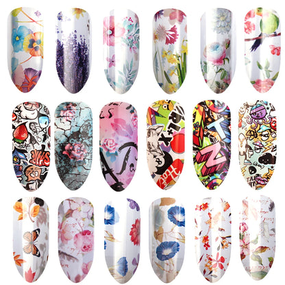 16Pc Holographic Nail Foil Set Starry Transfer 20*4cm Sticker Laser Flowers Leopard Mix Design Decal DIY Nail Art Decoration
