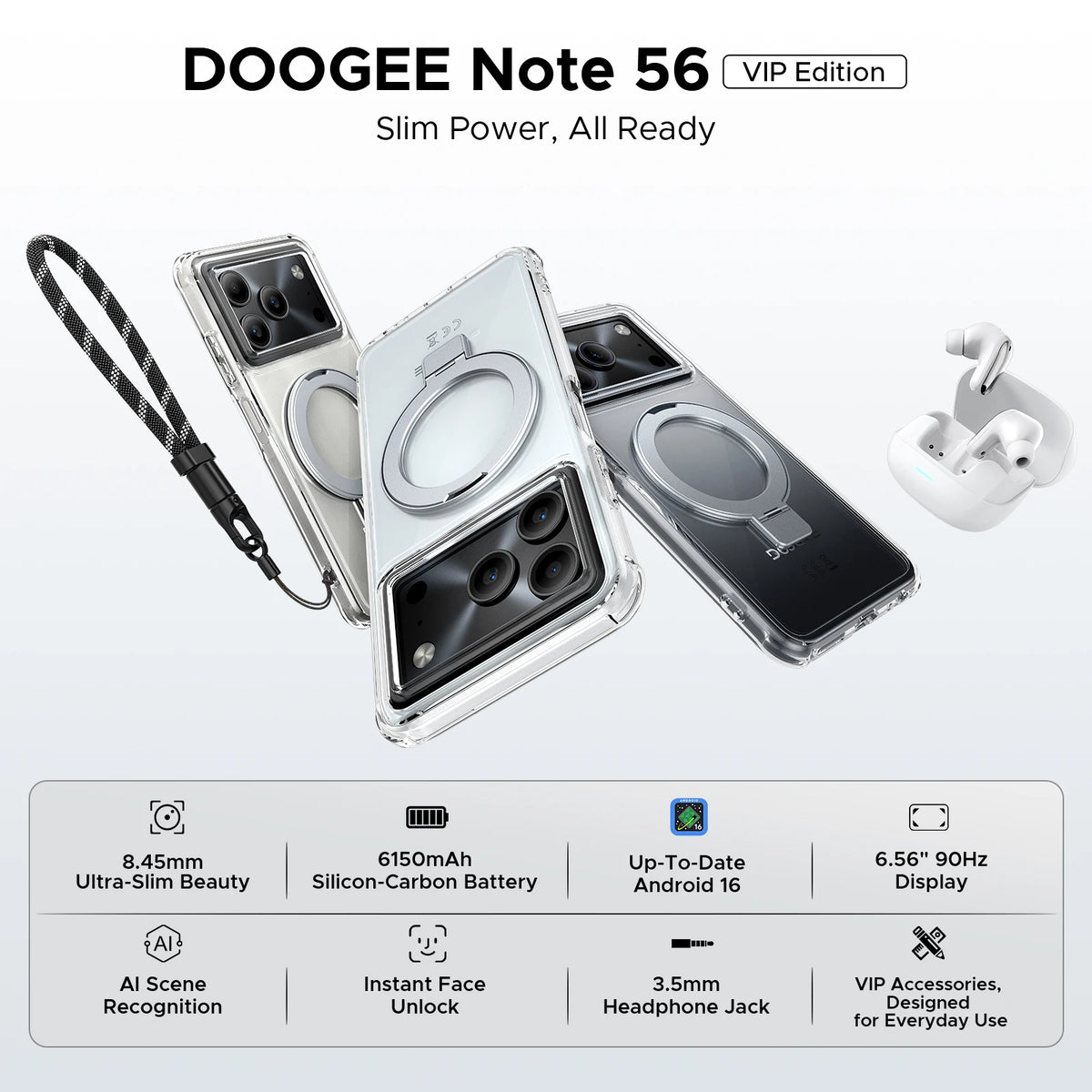 DOOGEE Note 56 VIP Edition Android 16 Smartphone 6150mAh Battery 24GB RAM (3+21) 64GB ROM 8.45mm Ultra Slim 90HZ mobilephones
