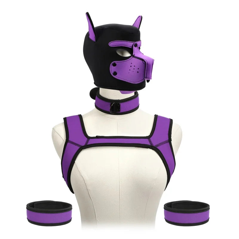 Pet Play Restraint Lingerie Set with Unisex Upper Body Harness Dog Hood Choker for Couple BDSM Fantasy Game Sex Toys