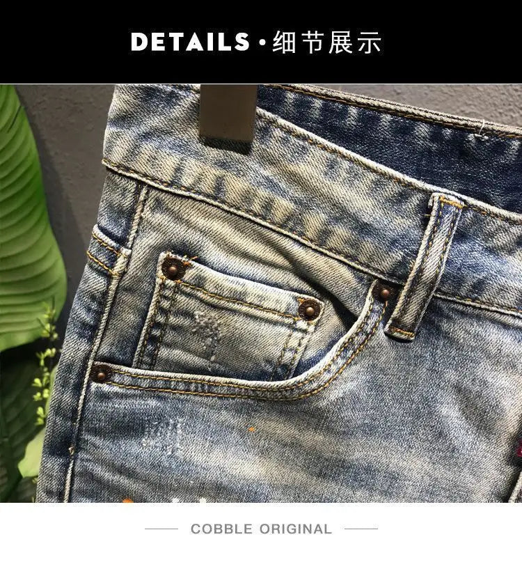 Summer Trendy Brand Handsome Denim Shorts Men's Washed Embroidered Patch Trendy Short Pants Ripped Slim-fit Elastic Middle Pants