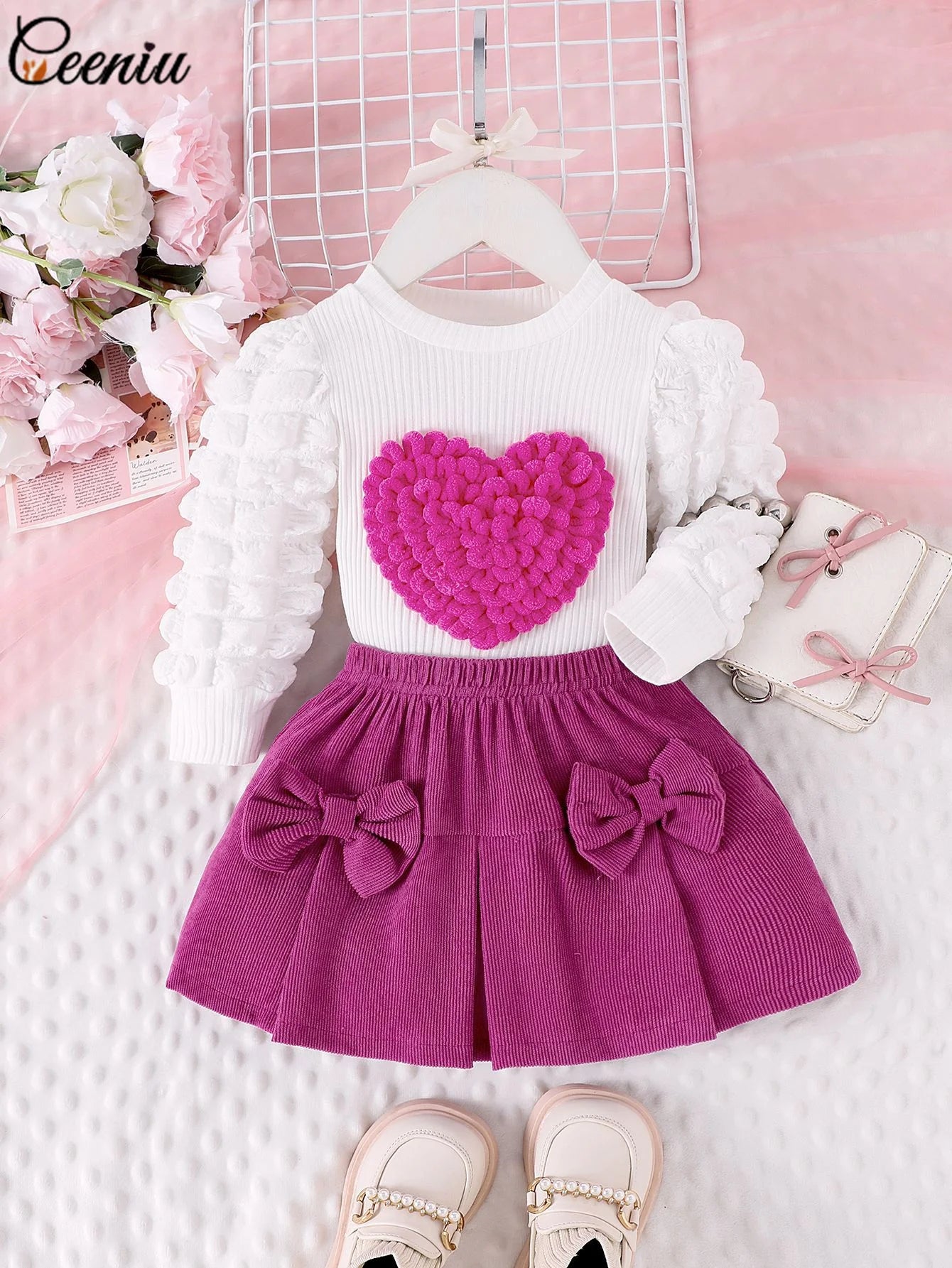 0-3Y Baby Girl Outfit Set 2pcs Puffy Sleeve Heart Shape Top and Corduroy Skirts Valentines Day Sweet Toddler Kids Clothes Girls