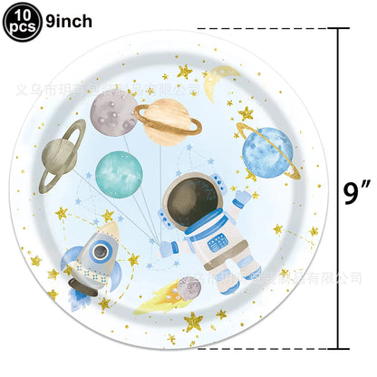 Blue Planet Astronaut Space Disposable Tableware Kids Birthday Table Decorations Paper Plate Cup Napkin Astronaut Rocket Balloon