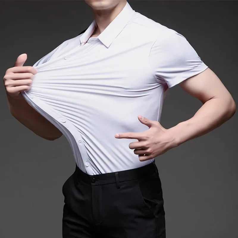 High Quality Dress Shirts For Men Business Casual Seamless Wrinkle Resistant Button Soft Elastic Luxurious Male White Clothing