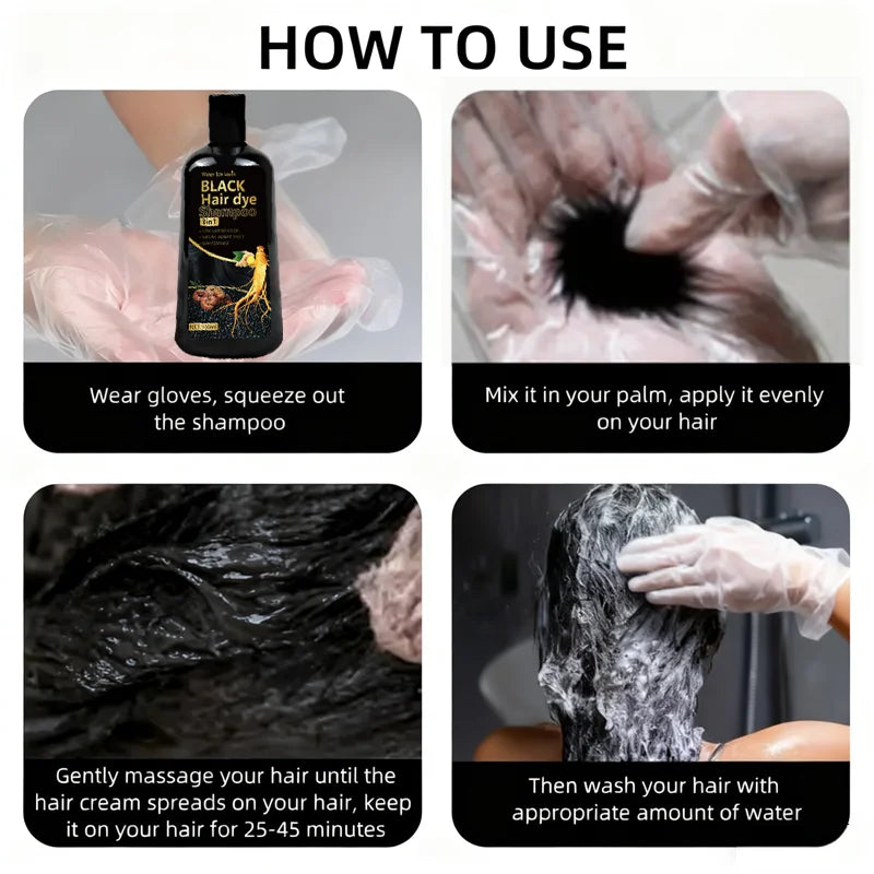 Pure Black Hair Dye Shampoo 3in1. Long Lasting Rich Color, Gray Coverage. Organic Ginger Polygonum Extracts. Gentle Effective.