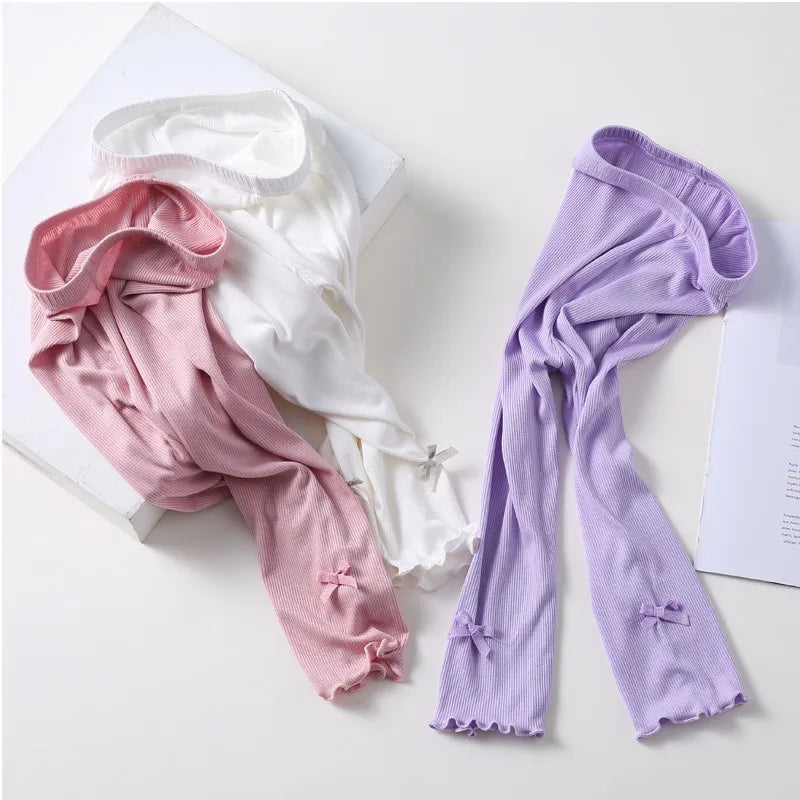 Summer 2026 kids Cropped Leggings Baby Girls Vintage Stripes Elastic Slim Lace cuffs Pants Leggings High Waist Girls Clothing
