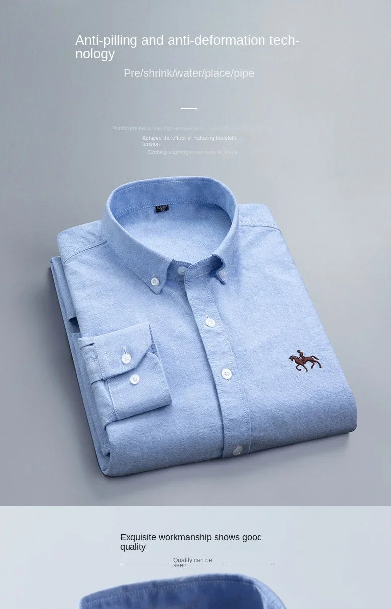 Casual cotton men's shirt slim fit horse logo bottom inch shirt Oxford spinning long sleeved striped shirt