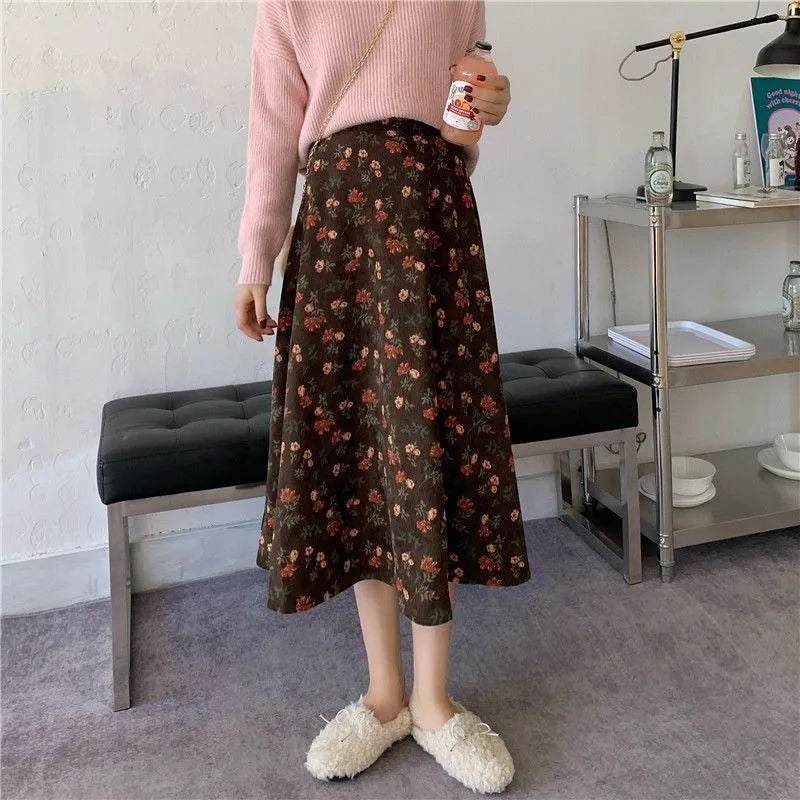 Women Floral Corduroy Midi Skirt High Waist A Line Printed Swing Long Skirt For Spring Autumn