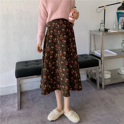 Women Floral Corduroy Midi Skirt High Waist A Line Printed Swing Long Skirt For Spring Autumn