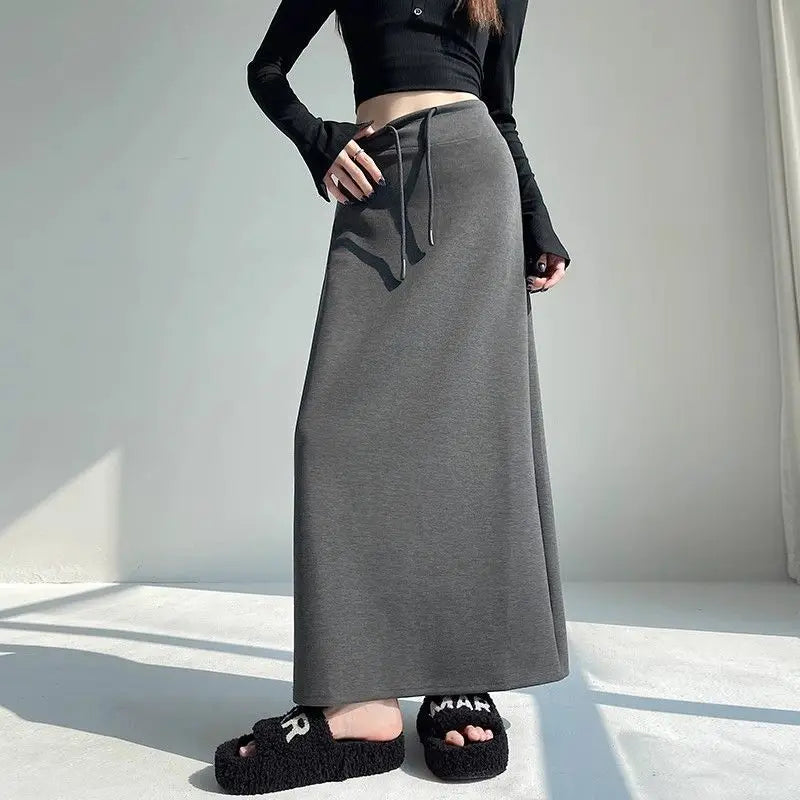 Women Spring Autumn Sports Maxi Skirt High Waist Drawstring A Line Straight Split Draped Casual Sweat Long Skirt