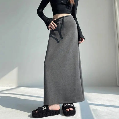 Women Spring Autumn Sports Maxi Skirt High Waist Drawstring A Line Straight Split Draped Casual Sweat Long Skirt
