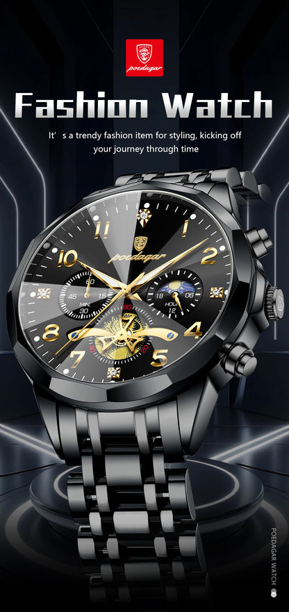 POEDAGAR Luxury High Quality Man Wristwatch Chronograph Stainless Steel Quartz Men's Watches Waterproof Luminous Men Clock Reloj