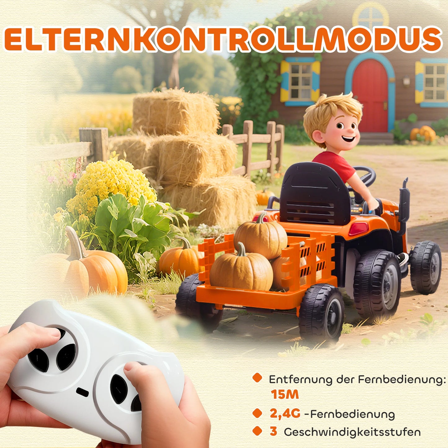 Electric tractor for children, ride-on tractor with remote control, soft start, for children aged 3 to 8, Orange
