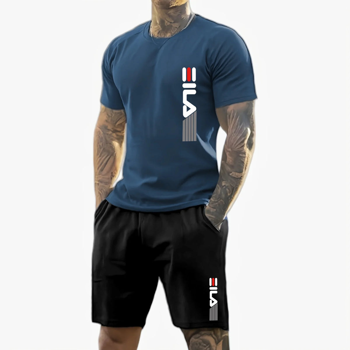 Men 2025 summer new casual sports suit Fashion breathable outdoor men's short-sleeved T-shirt + training shorts two-piece set