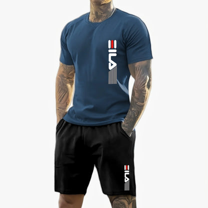 Men 2025 summer new casual sports suit Fashion breathable outdoor men's short-sleeved T-shirt + training shorts two-piece set