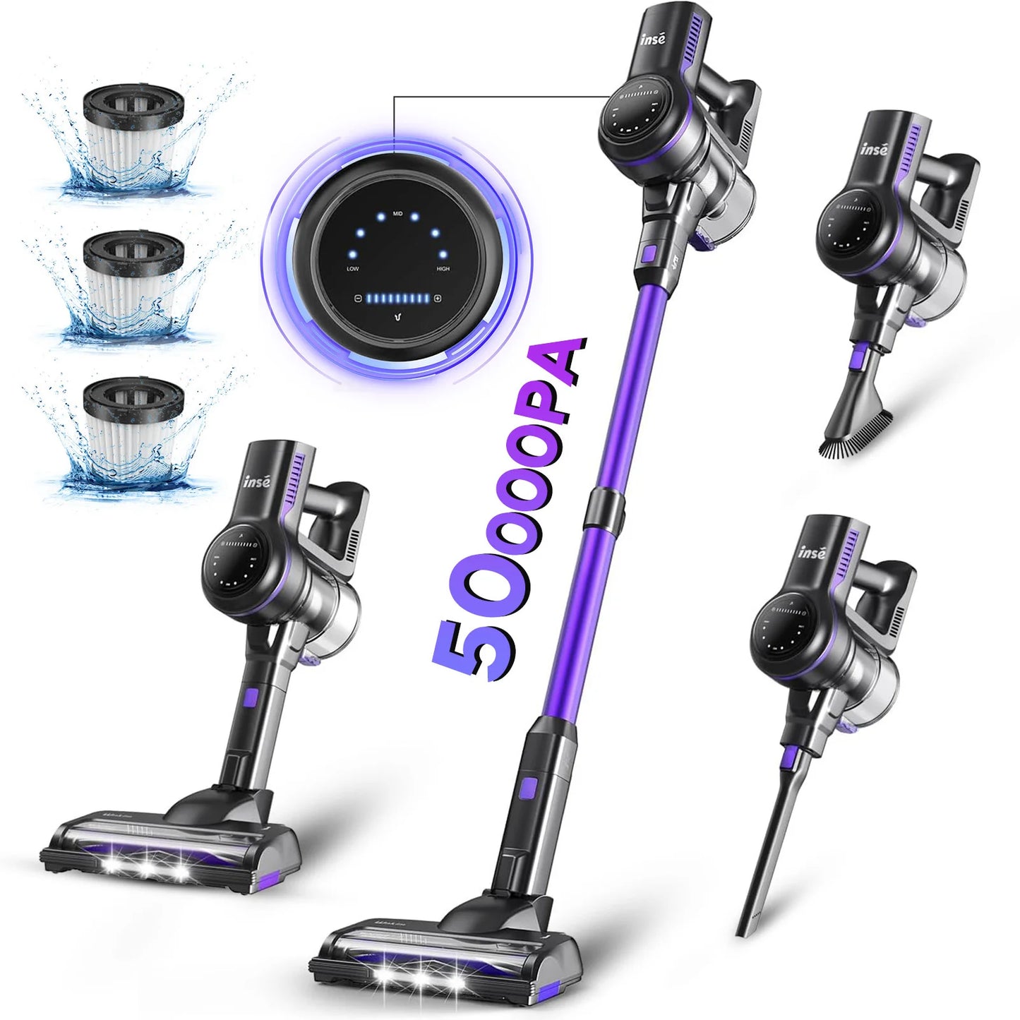 INSE S7P cordless vacuum cleaner, 465W 45KPA Wireless Vacuum Cleaner with Suction Power,  8*2200mAh battery, 50000Pa Strong Suction, 45-60mins runtime,1.2L
