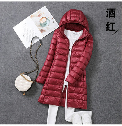 Women Ultra Light Long Down Jacket Coats Autumn Winter Loose Long Sleeve Zip Up Loose Korean Hooded Detachable Tops Outwear