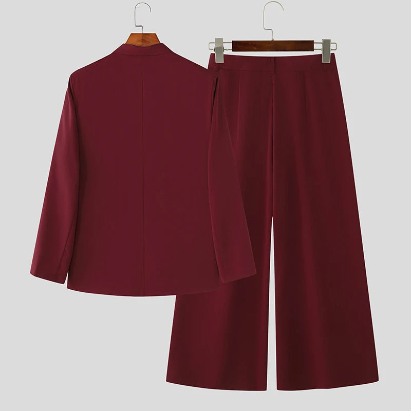 INCERUN Men Sets Solid Color Double Breasted Long Sleeve Blazer & Pants Two Pieces Sets Streetwear Fashion Casual Men's Suits