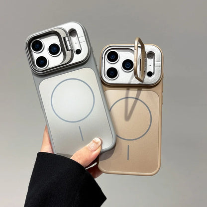 Alloy Lens Camera Holder Cases For iPhone 17 16 15 14 13 12 11 Pro Max For Magsafe  Magnetic Stand Hard PC Wireless Charge Cover