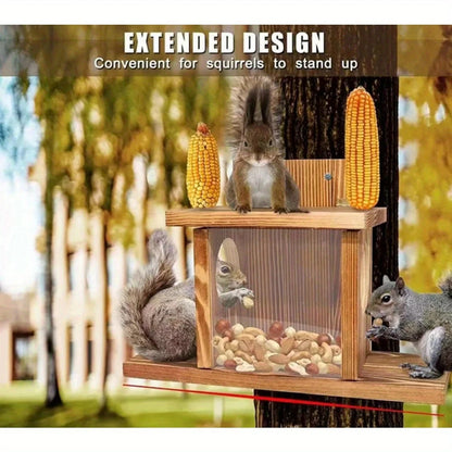 Squirrel Feeder Wooden Construction with Transparent Window Top Cover 2 Side Holes