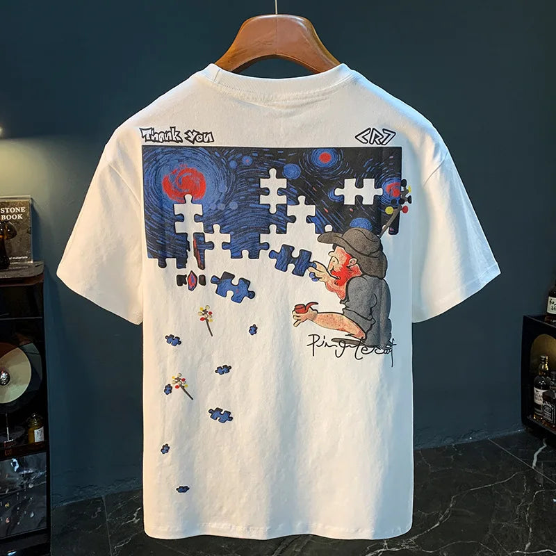 Fashionable men's T-shirt trend abstract artistic print summer loose combed cotton comfortable short sleeved top