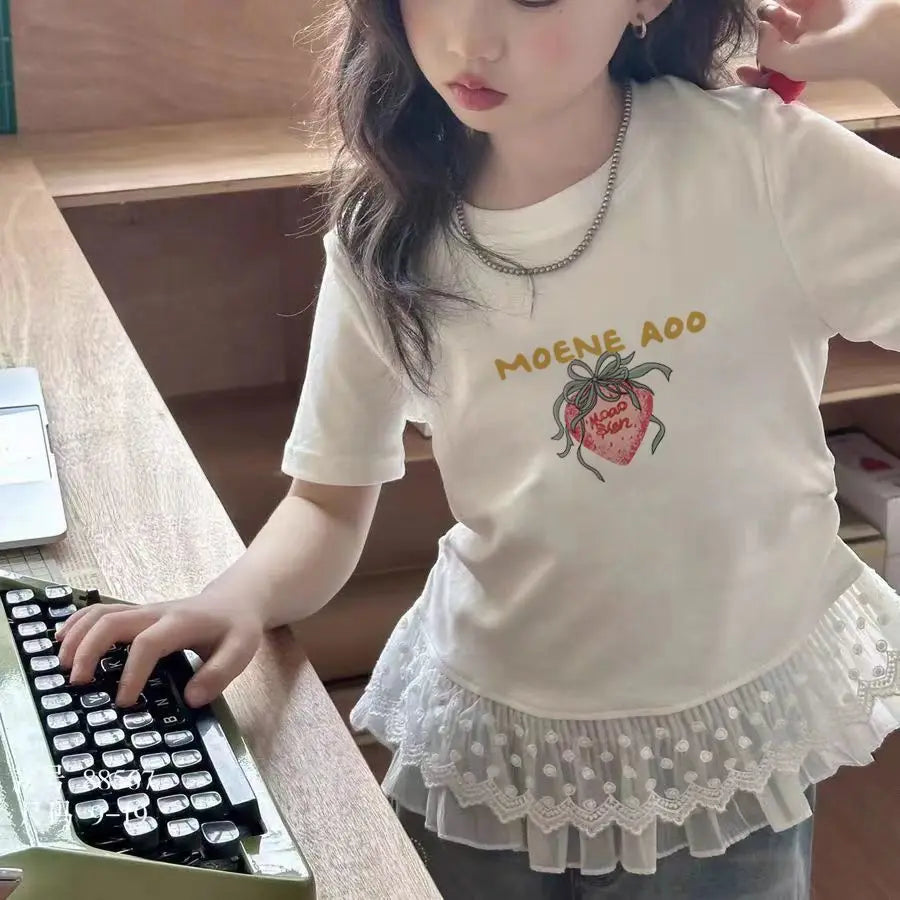 Childrens clothing baby girls summer casual lace t-shirt 2025 short sleeved Lace splicing new white tops 3-12 kids clothes