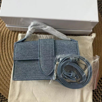 Women Denim Textured Mini Baguette Bag Thin Short Top Handle Detachable Adjustable Crossbody Strap Flap Purse