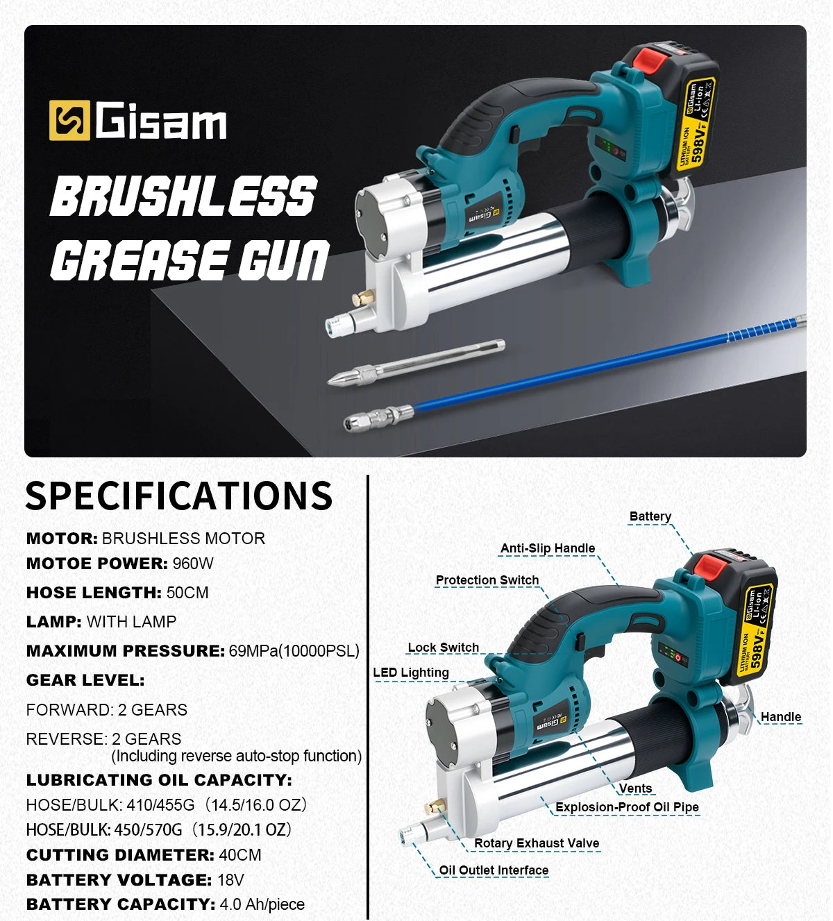 Gisam 10000PSI Brushless Electric Grease Gun Kit Electric High-Performance Grease Gun Set Power Tool For Makita 18v Battery Pins