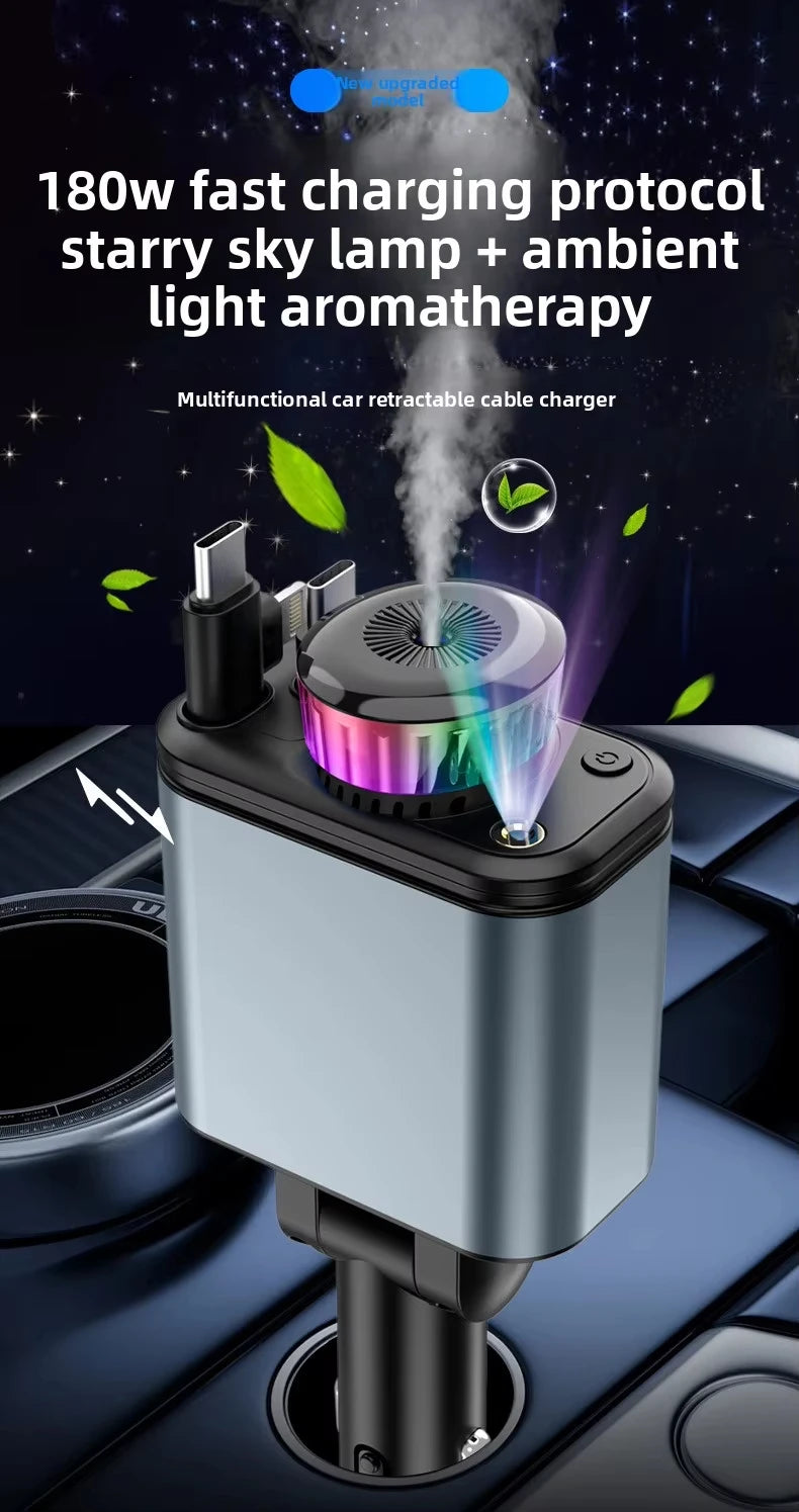 120W 5-in-1 Car Fast Charger Retractable Cable PD 30W Digital Voltmeter Star Light Car Charging Adapter For IOS Android