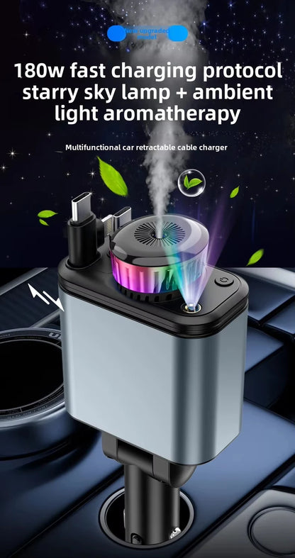 120W 5-in-1 Car Fast Charger Retractable Cable PD 30W Digital Voltmeter Star Light Car Charging Adapter For IOS Android