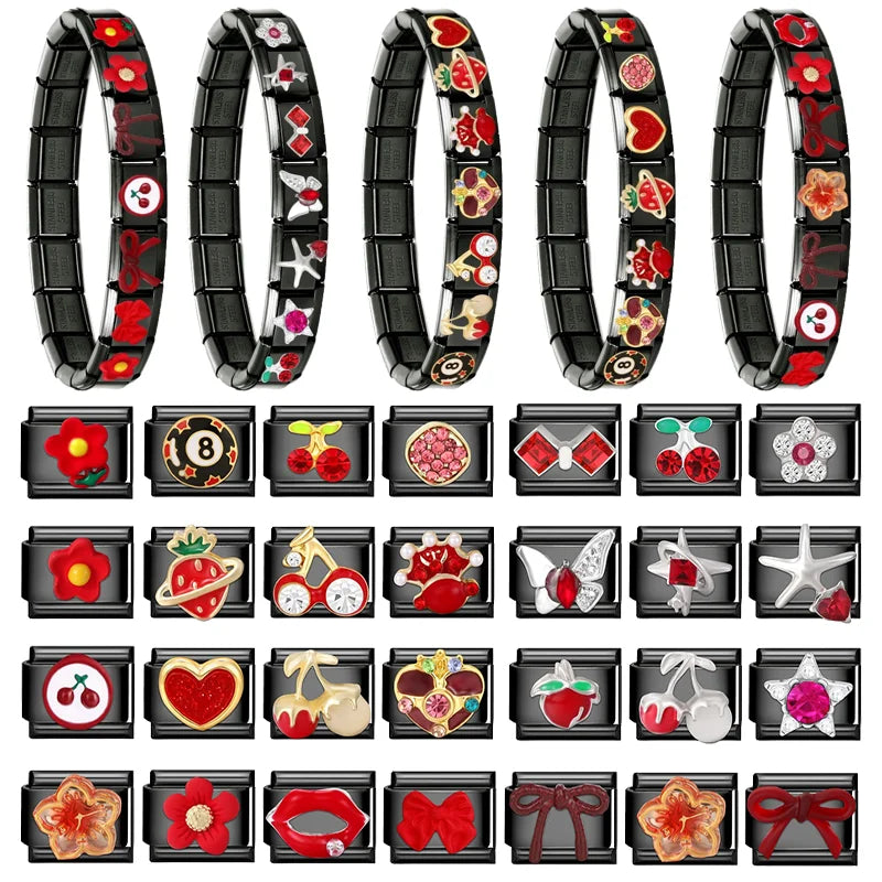 2025 New Original Black Red Stars Love Heart Bows Flower Italian Charm Link Fit 9mm Stainless Steel Jewelry DIY Making Bracelets