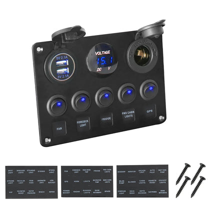 LEEPEE 5 Gang 12V Waterproof Intergrated Switch Panel Digital Voltmeter Dual USB Port For Boat Car Marine LED Rocker Accessories