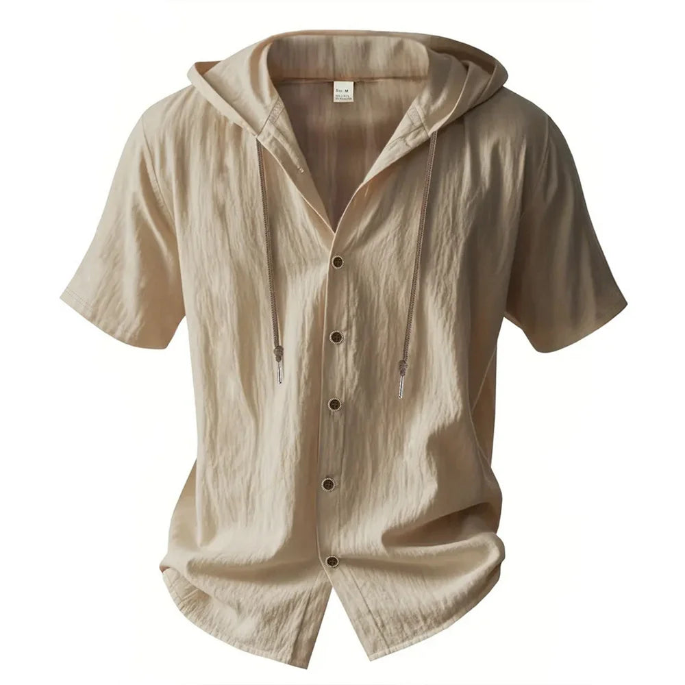 Summer Men's Hooded Cotton Linen Shirt Solid Color Breathable Lightweight Short Sleeve Drawstring Design Tees Male Casual Tops