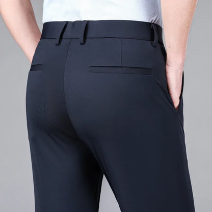 New Summer Men's Ice Silk High Stretch Business Suit Pants Male Army Green Blue Elastic Formal Office Straight Formal Trousers