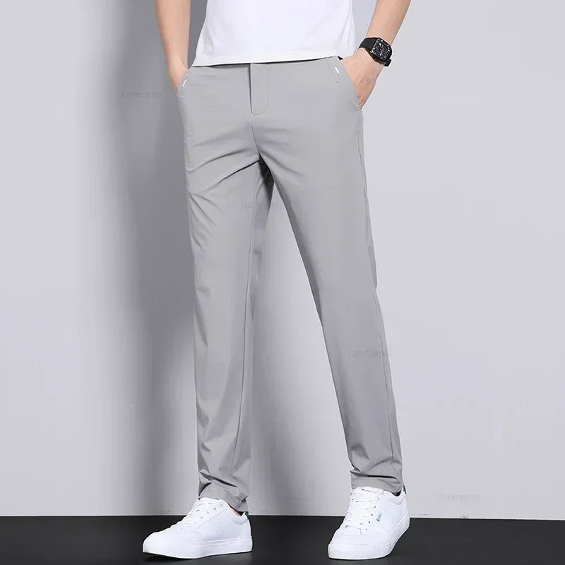 Ultra-thin Elastic Men's Casual Trousers Summer Quick-drying Ice Silk Slim Straight Business Solid Color Y2K Trousers Black Gray