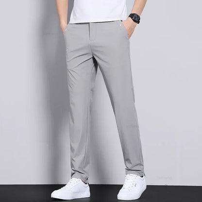 Ultra-thin Elastic Men's Casual Trousers Summer Quick-drying Ice Silk Slim Straight Business Solid Color Y2K Trousers Black Gray