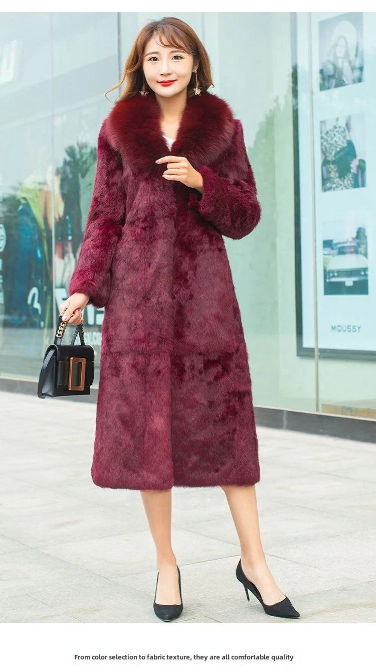 Real Rex Rabbit Fur Coat Women Autumn Winter Long Jacket Thick Warm New Fashion Fox Fur Collar Elegant Female Warm Outerwear