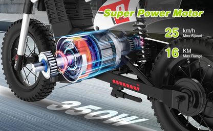 RCB KIDS Kids Electric Motorcycle R9X PRO 350W 36V Ride-On Toy, 3 Speed 25km/h, 16km Range, LED Light, Rechargeable, 6+, Max 80kg