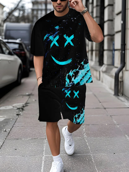 New European & American Style Men's Summer Loose-Fit Set Men's Crew Neck Short-Sleeve Top & Athletic Casual Shorts Two-Piece Set