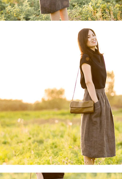 New Cotton and Hemp Half Length Skirt for Women in Summer, A-line Medium Length Skirt, High Waist, Loose Elastic Waist Skirt