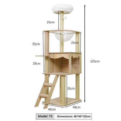 Large Cat Climbing Frame with Thickened Hemp Rope Multi-layered Wooden Cat Tree Tower and Integrated Scratching Post for Pets