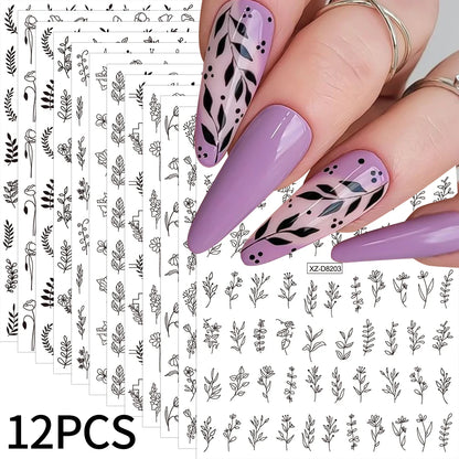 12pcs/set 3D Shiny Leaf Flower Nail Art Sticker Laer Gold Bronzing Leaves Nail Decals 8*10cm Self-Adhesive Nail Art Supplies e5#