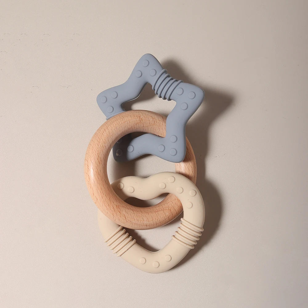 Silicone Star and Heart Teether with Teething Wooden Ring Baby Rattle Toy