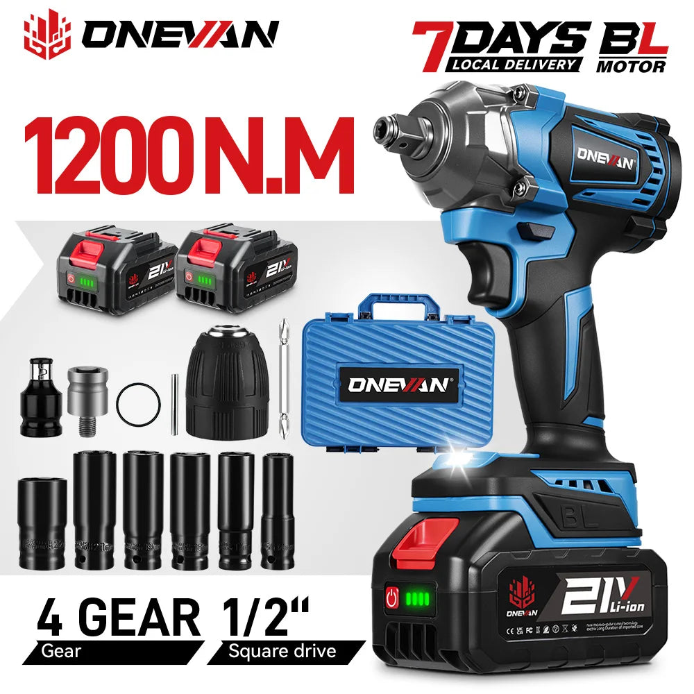 ONEVAN 1200N.M Torque Brushless 4 Gears Electric Impact Wrench 1/2 inch Cordless Screwdriver Tool for Makita 18V Battery Pin