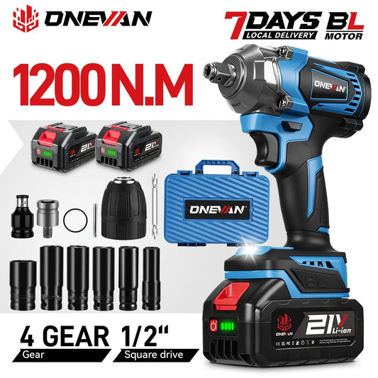 ONEVAN 1200N.M Torque Brushless 4 Gears Electric Impact Wrench 1/2 inch Cordless Screwdriver Tool for Makita 18V Battery Pin