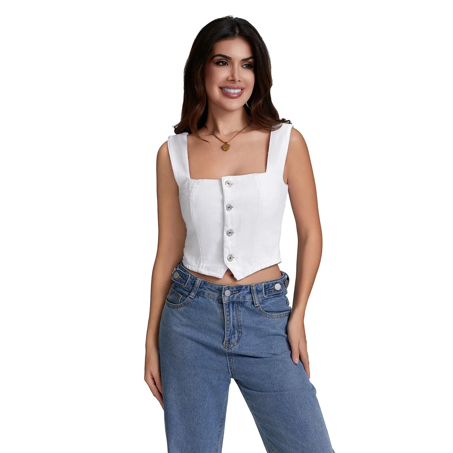 Summer Denim Tank Tops Women Slim Fit Square Neck Backless Back Shirred Sleeveless Button Down Crop Tops for Party Club Night